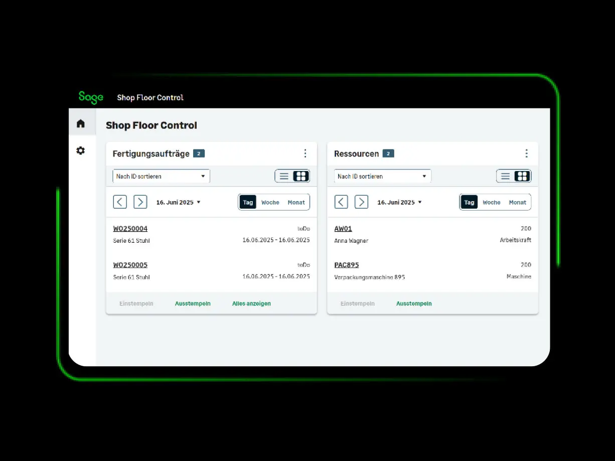 Dashboard Shop Floor Control in Sage Operations